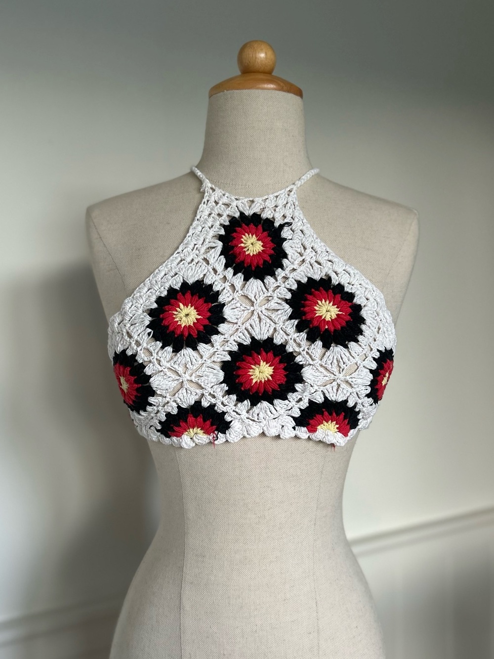 Handmade Crochet Halter Crop Top - White with Black, Red & Yellow Accents